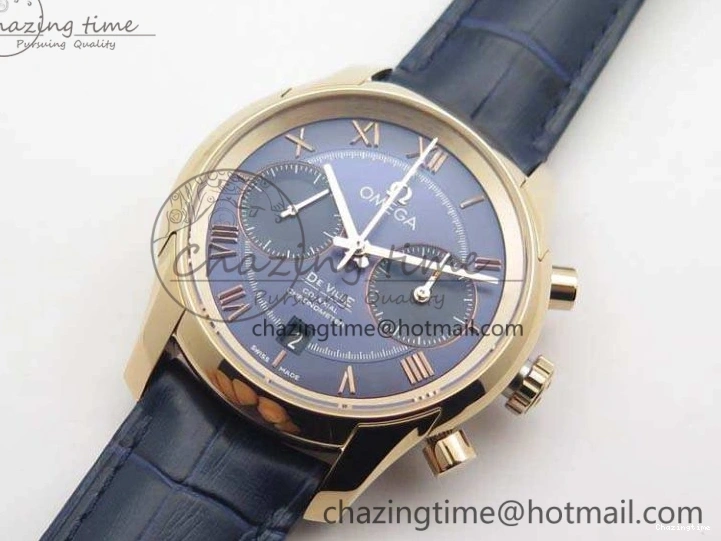 0128 QuickDry De Ville Chronograph RG OMF 1:1 Best Edition Blue Dial On Blue Leather Strap A 8107